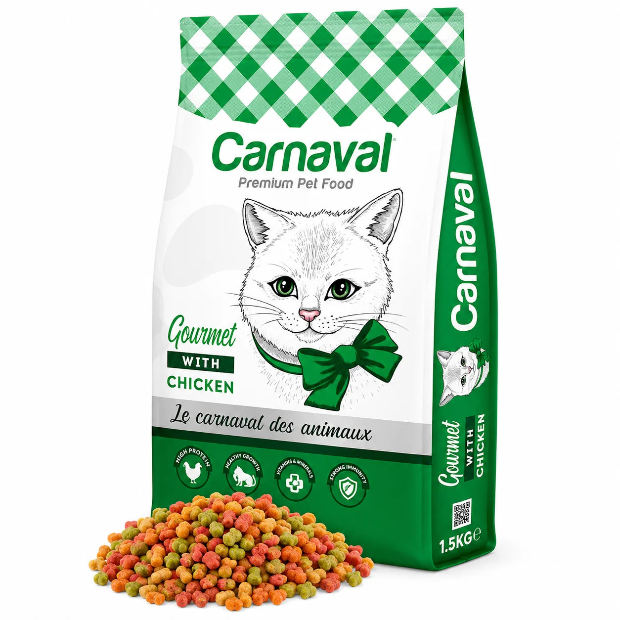 Carnaval Premium Cat Food by PETS BAKERI, 1.5kg gourmet chicken flavor cat food in green packaging.