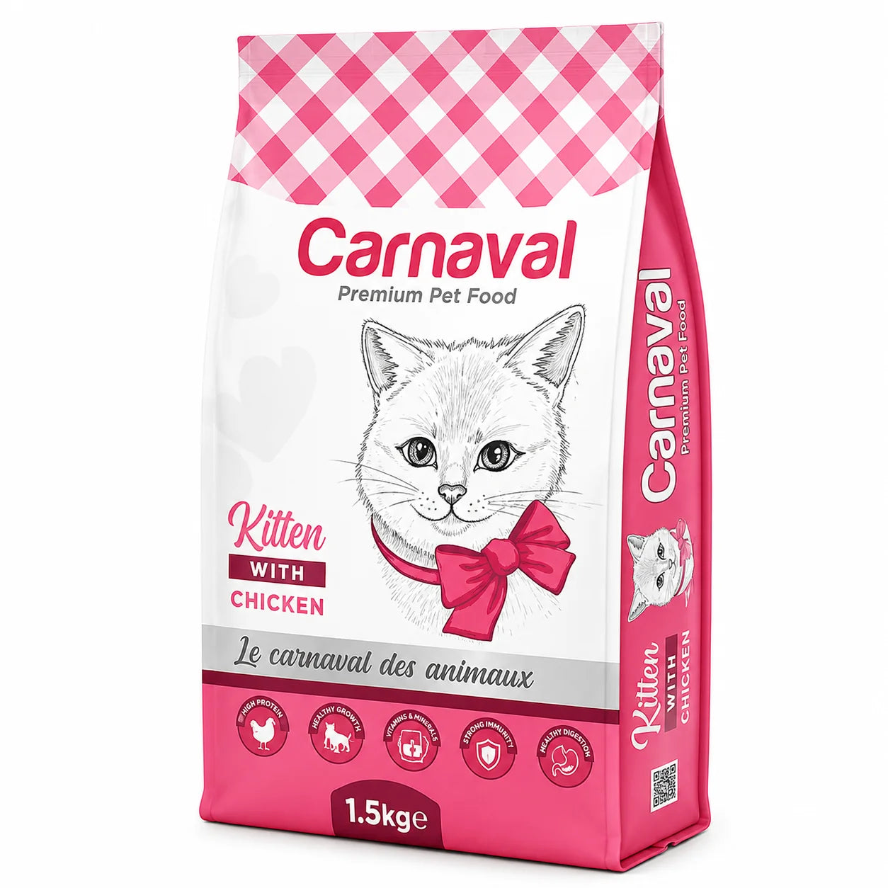 Carnaval Premium Cat Food for Kittens with Chicken by PETS BAKERI, pink packaging, 1.5kg bag of nutritious kitten formula.