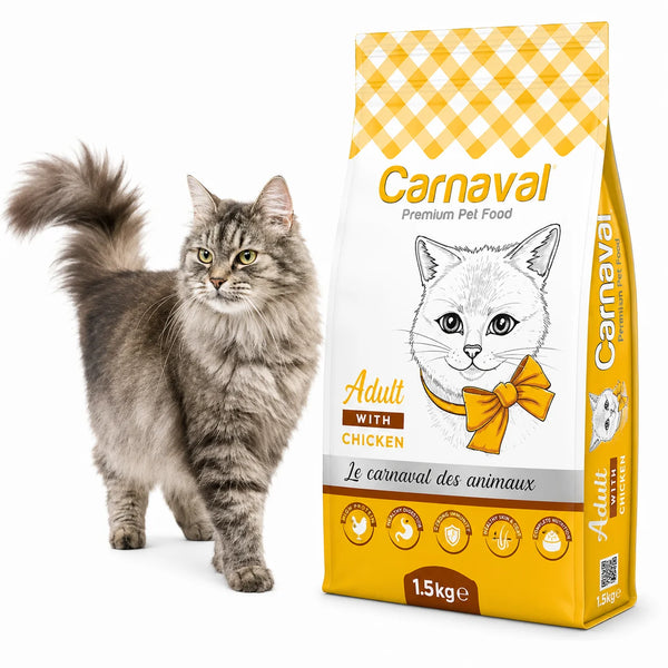 Carnaval Premium Adult Cat Food by PETS BAKERI in 1.5kg bag, featuring chicken flavor and a yellow packaging design.