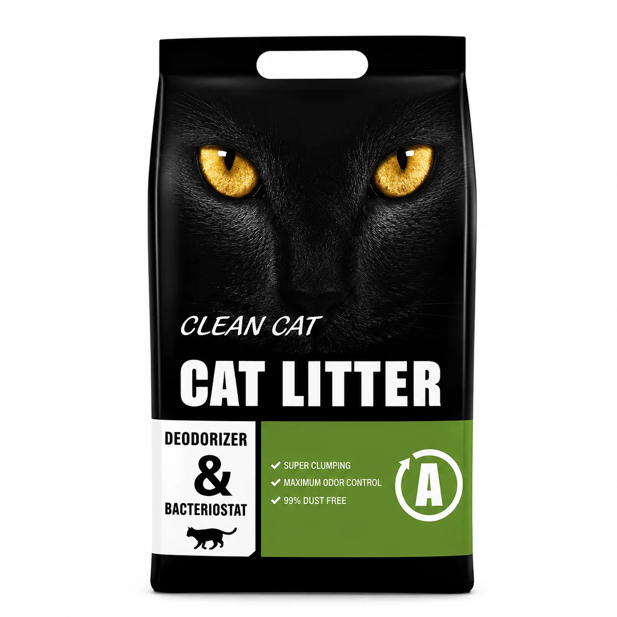 Clean Cat Bentonite Cat Litter with green tea formula by PETS BAKERI, showing the green tea infused litter in a scoop.
