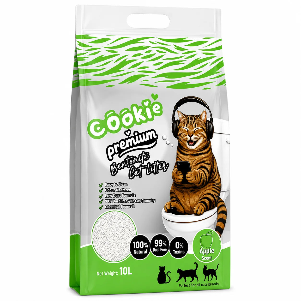 Cookie Premium Bentonite Cat Litter by PETS BAKERI with apple scent, showing a bag of scented cat litter and a cat in a clean litter box.