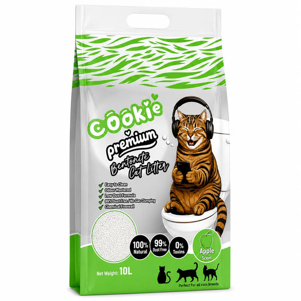 Cookie Premium Bentonite Cat Litter by PETS BAKERI with apple scent, showing a bag of scented cat litter and a cat in a clean litter box.