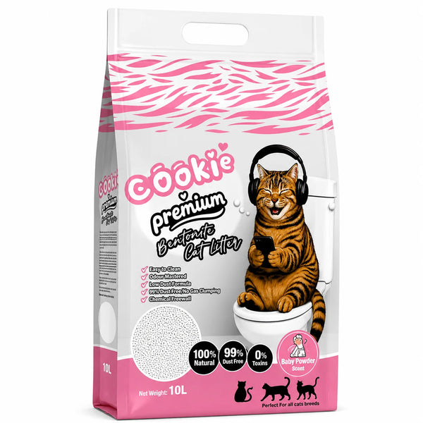 Cookie Premium Bentonite Cat Litter by PETS BAKERI with a baby powder scent, showing a bag of clumping cat litter.