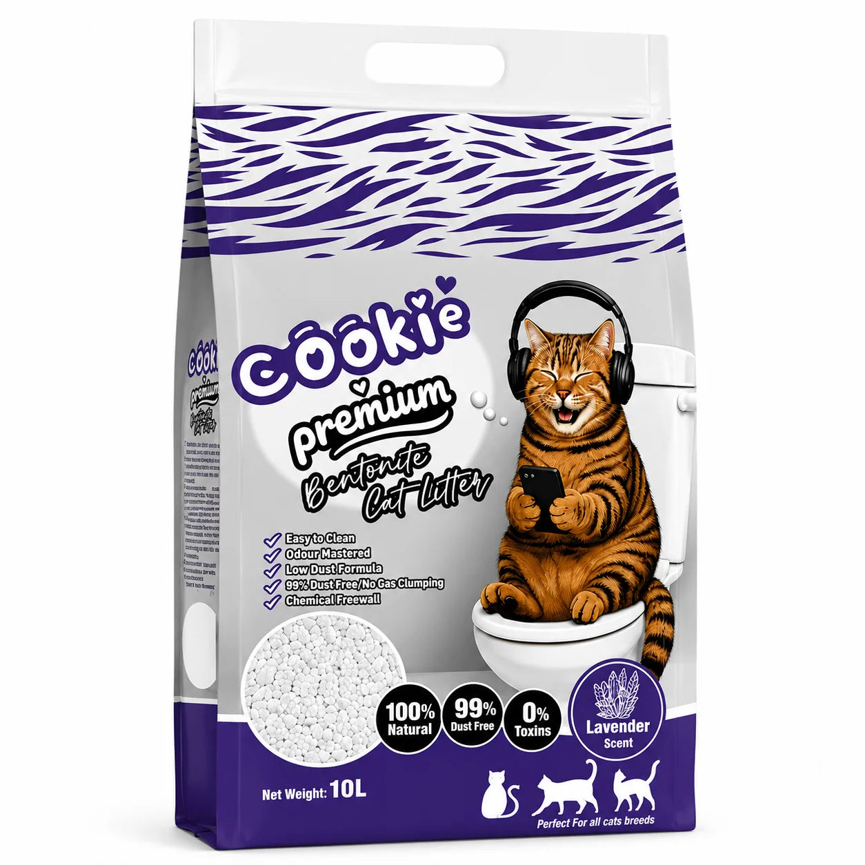 Cookie Premium Bentonite Cat Litter with lavender scent, showing the white, clumping cat litter in a open bag.