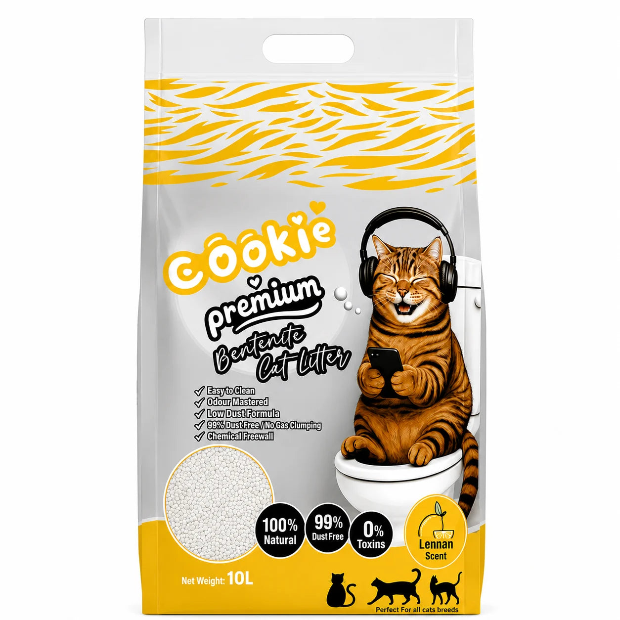 Cookie Premium Bentonite Cat Litter by PETS BAKERI with lemon scent, showing a bag of natural, clumping cat litter.