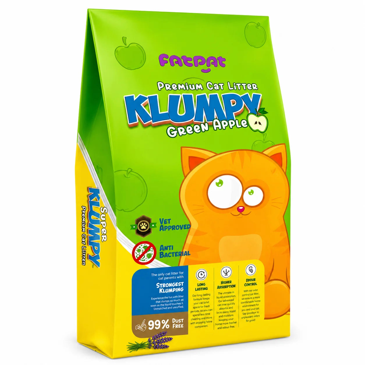 Green apple scented Fatpat Klumpy premium cat litter by PETS BAKERI, showing clumping texture and fresh green apple scent.