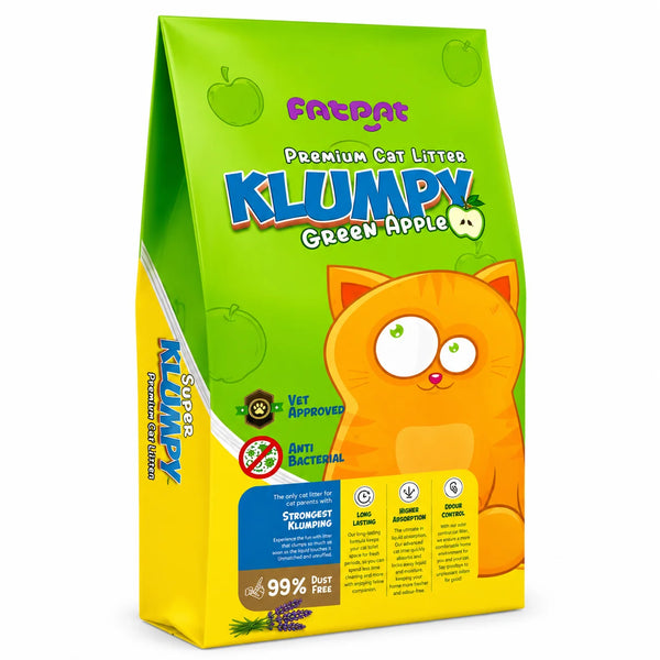 Green apple scented Fatpat Klumpy premium cat litter by PETS BAKERI, showing clumping texture and fresh green apple scent.