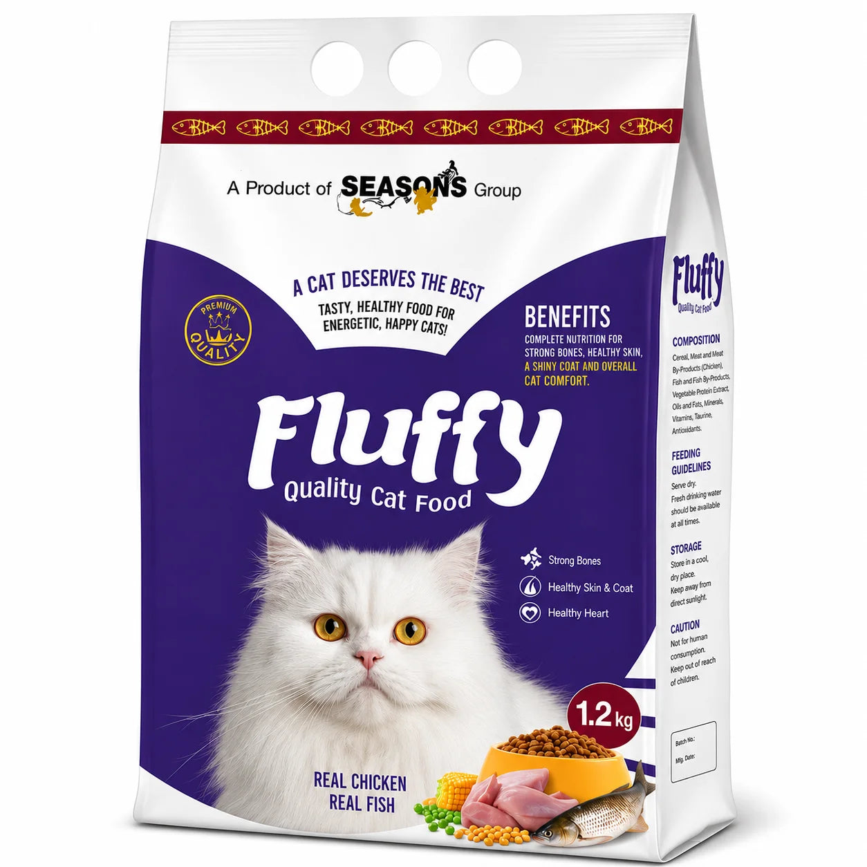 Fluffy dry cat food by PETS BAKERI in a 1.2kg bag, showing fluffy kibble designed for all cats.