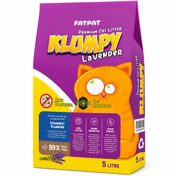 PETS BAKERI Klumpy Lavender Premium Cat Litter in a bag, showing the product packaging with lavender scent branding.