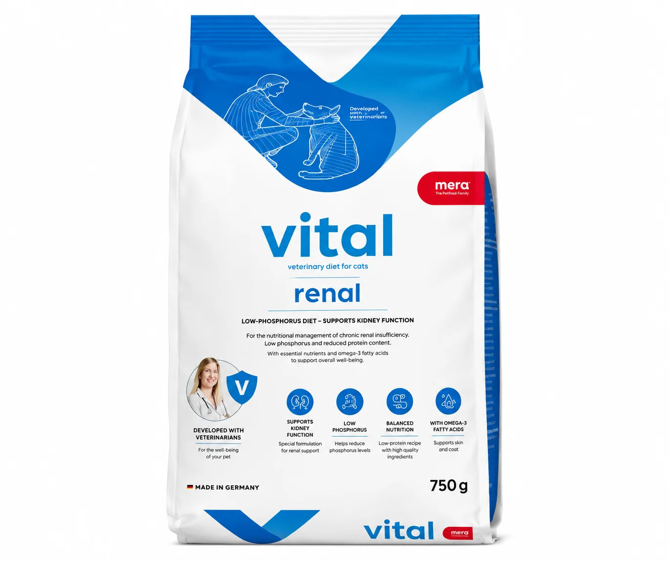 Blue bag of PETS BAKERI Meravital Renal Dry Cat Food with illustrations of cats and kidney health benefits.