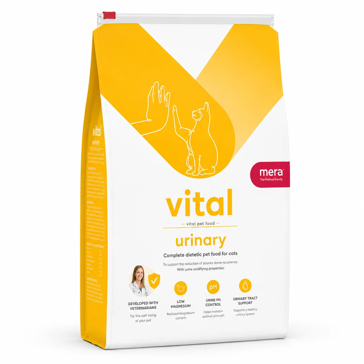 Bag of PETS BAKERI Meravital Urinary Dry Cat Food with yellow packaging, featuring images of healthy cats and nutritional details.