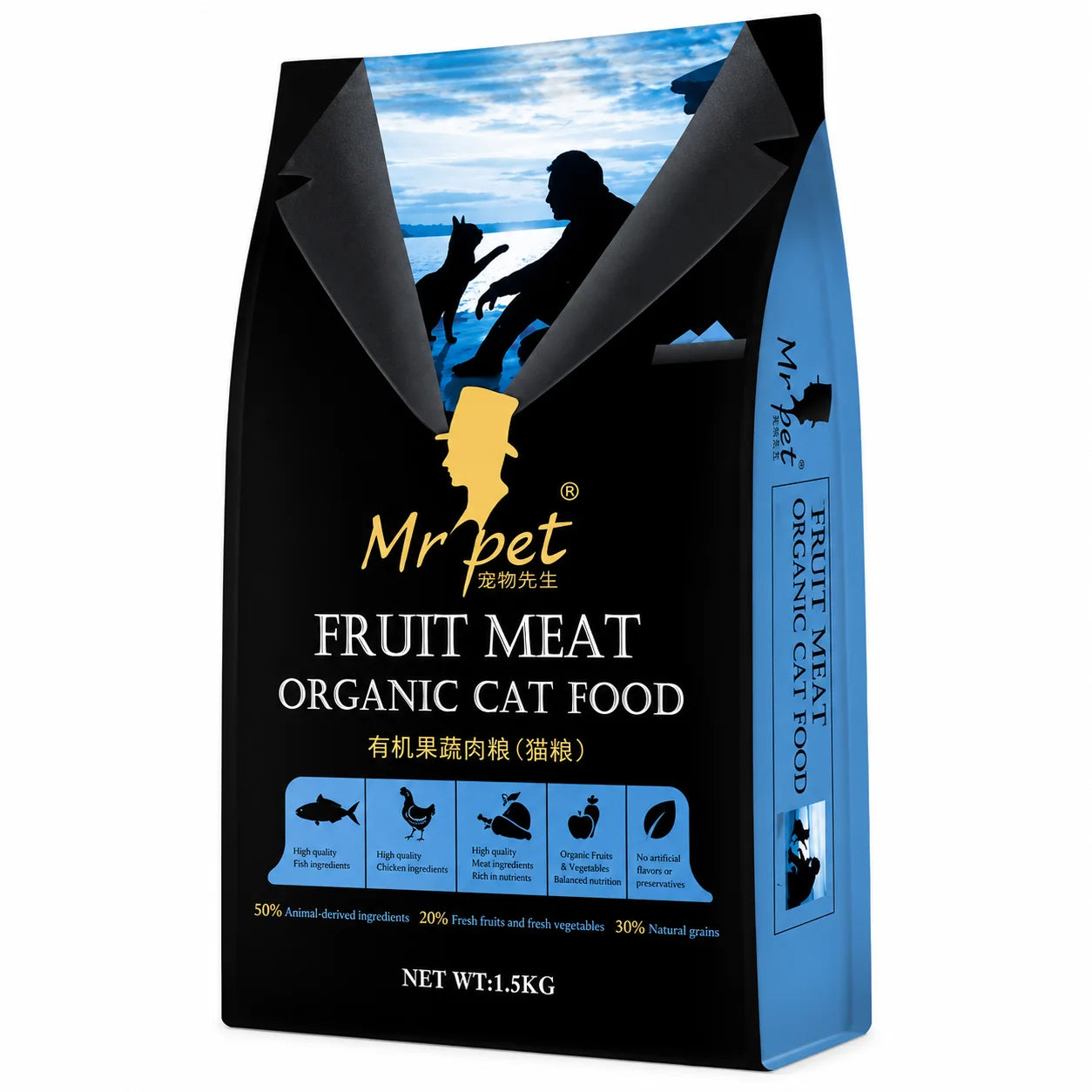 Close-up of Mr. Pet Cat Food bag by PETS BAKERI, featuring colorful packaging and images of healthy cats on the front.