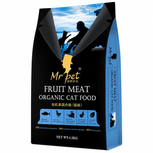 Close-up of Mr. Pet Cat Food bag by PETS BAKERI, featuring colorful packaging and images of healthy cats on the front.