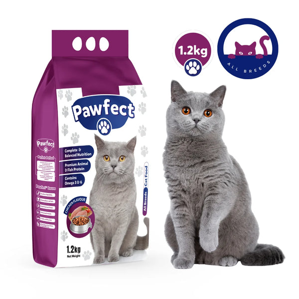 Pawfect adult cat food in a bag from PETS BAKERI, featuring a close-up of the product packaging with images of healthy cats.