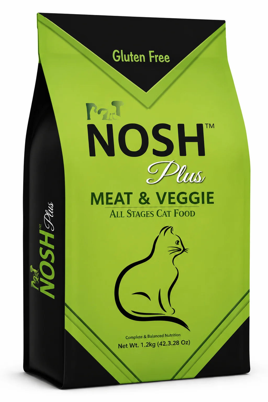 Pet Nosh Plus cat food with meat and veggie flavor from PETS BAKERI, showing a bowl of nutritious cat meal with meat and vegetables.
