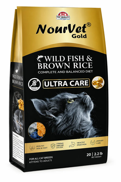 NourVet Gold Ultra Care cat food with wild fish and brown rice in a bag, designed for healthy feline nutrition by PETS BAKERI.