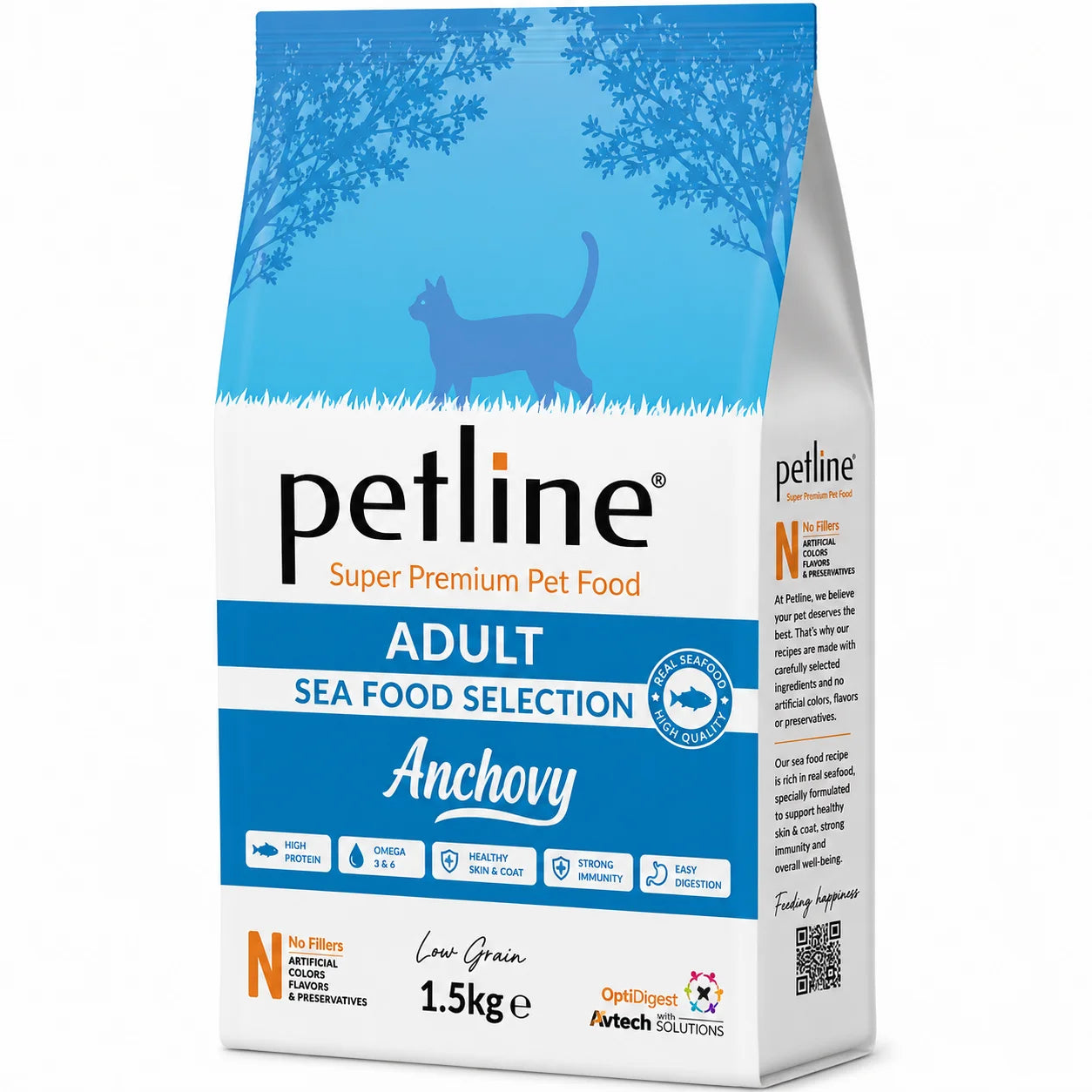 Blue bag of Petline Super Premium Adult Dry Cat Food with seafood flavor from PETS BAKERI, showing the product packaging.