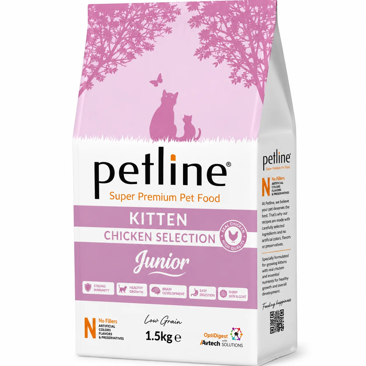 Petline Super Premium Kitten Dry Cat Food with chicken selection in light purple packaging, ideal for growing kittens.