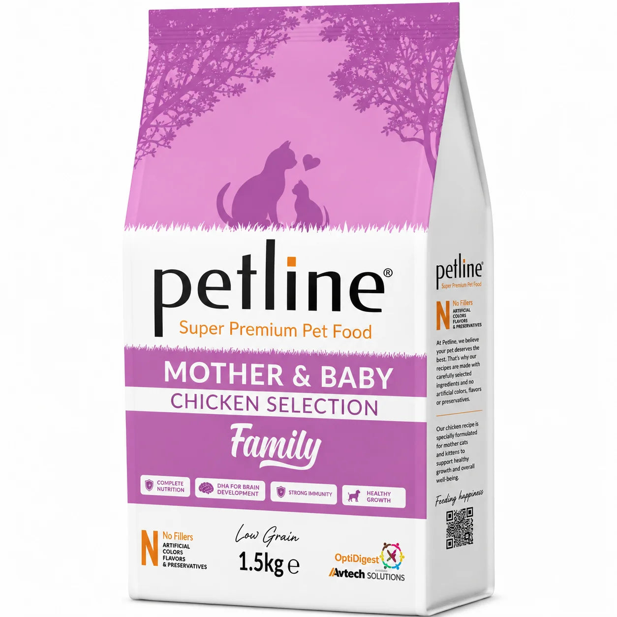 Petline Super Premium Mother & Baby Dry Cat Food with chicken flavor in a 1.5kg bag, featuring purple packaging and brand logo.