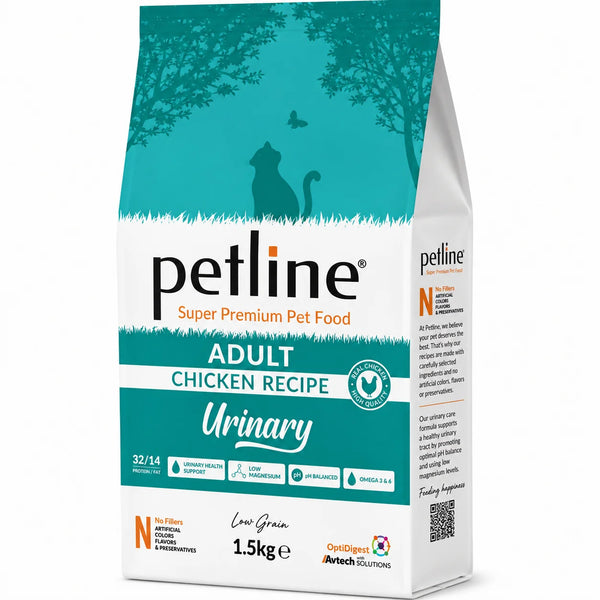 Petline Super Premium Adult Urinary Cat Food with Chicken, 1.5kg bag, featuring natural ingredients and suitable for urinary health.