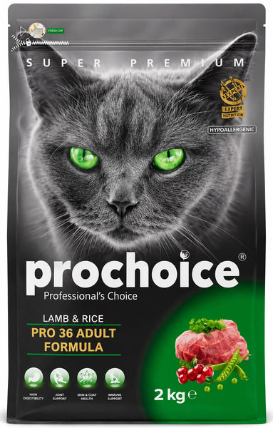 Prochoice adult dry cat food with lamb and rice by PETS BAKERI, featuring a black bag with the product label and ingredients.
