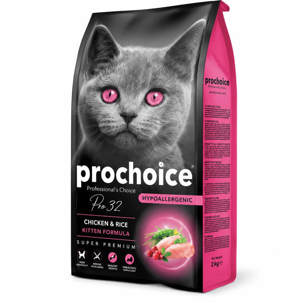 Prochoice kitten dry cat food with chicken and rice by PETS BAKERI, pink packaging featuring a kitten, open bag showing kibble