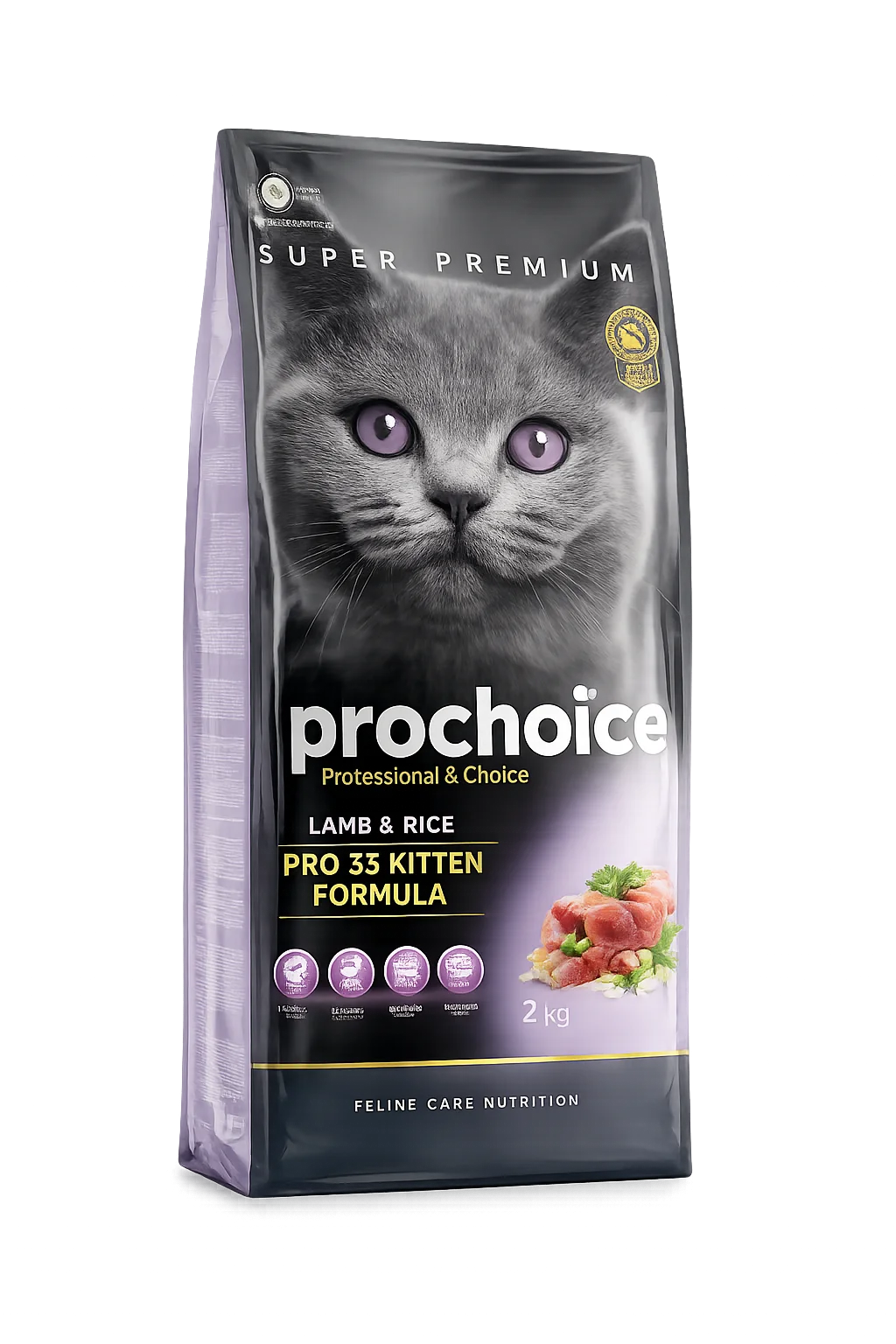 Prochoice Kitten Dry Cat Food with Lamb and Rice by PETS BAKERI in purple packaging, showing the bag and product label.