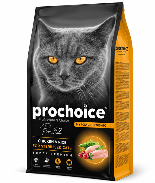 Prochoice sterilized adult dry cat food by PETS BAKERI in yellow packaging, featuring chicken and rice flavor.
