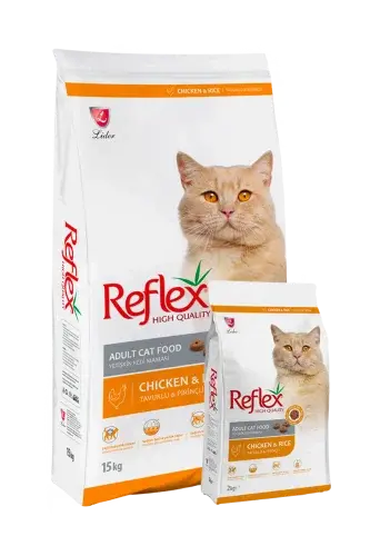 Reflex Adult Cat Food with chicken and rice in a bag, featuring the PETS BAKERI brand logo on the packaging.