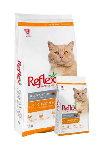 Reflex adult cat food with chicken and rice in a bowl, featuring the PETS BAKERI brand packaging and fresh ingredients.