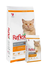 Reflex Adult Cat Food with chicken and rice in a bag, featuring the PETS BAKERI brand logo on the packaging.