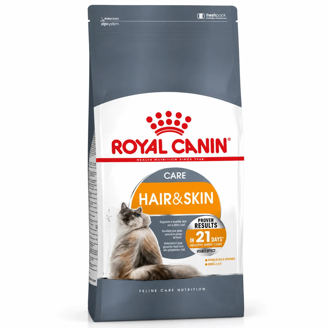 Royal Canin Hair & Skin Adult Dry Cat Food by PETS BAKERI, showing a bag of high-quality feline nutrition for healthy coat and skin.