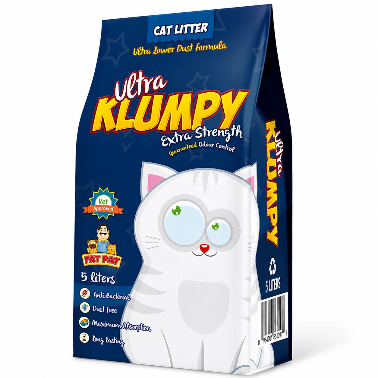 PETS BAKERI Ultra Klumpy Extra Strength Cat Litter in a bag with a scoop, showing the clumping and absorbent features.