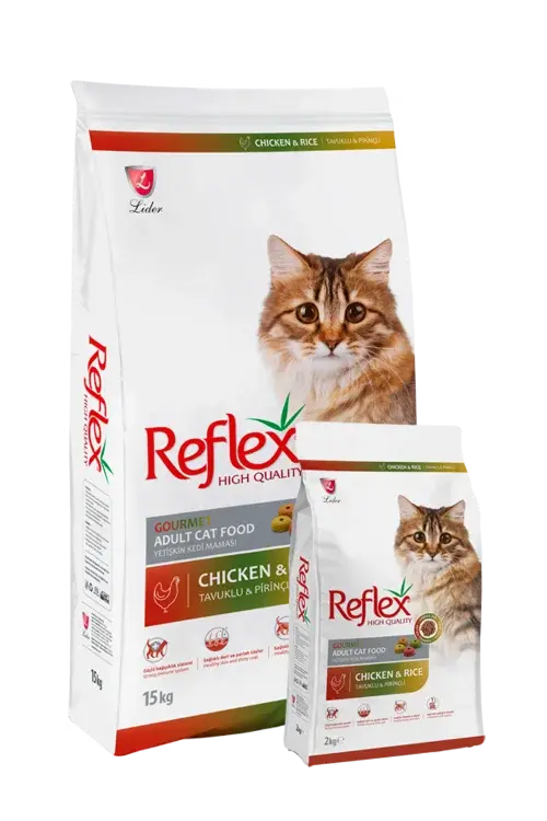 Reflex multicolor adult cat food with chicken and rice by PETS BAKERI in a 2kg bag, featuring colorful kibble and chicken flavor.