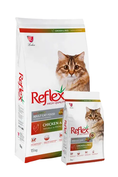Reflex multicolor adult cat food with chicken and rice by PETS BAKERI in a 2kg bag, featuring colorful kibble and chicken flavor.